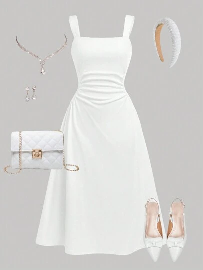 SHEIN Girlism Teen Girl Solid Color Square Neck Ruched Casual Elegant Camisole Dress ,All White Outfit Curve Graduation Dress