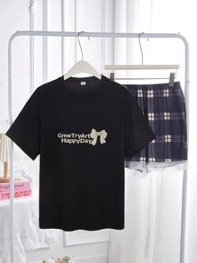 2件套少女休闲蝴蝶结印花短袖上衣配格子蕾丝边短裤睡衣套装 - 彩色 - 查看 1