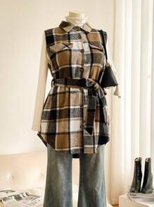SHEIN Frenchy Jacke Große Größen für Damen, ärmellos, Karomuster, mit Tasche, Lässig-Stil - Verschiedenfarbig - Übersicht 1