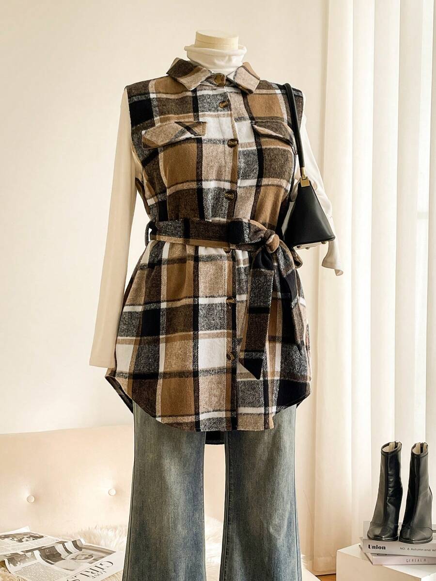 SHEIN Frenchy Jacke Große Größen für Damen, ärmellos, Karomuster, mit Tasche, Lässig-Stil - Verschiedenfarbig - Übersicht 1