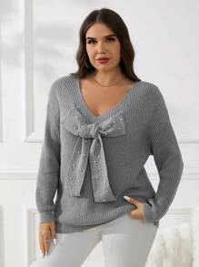 SHEIN Essnce Jersey gris de mujer talla grande, blusa con lazo, suéter de otoño, suéteres de mujer en otoño, ropa de mujer en otoño, blusas de mujer de manga larga para otoño e invierno, ropa de mujer en otoño e invierno, blusas de otoño, ropa de mujer en otoño y en invierno, conjunto de otoño para mujer, suéteres de otoño, suéter navideño, ropa navideña - Gris - Ver 6
