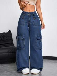 SHEIN EZwear Jeans rectos casuales sueltos de unicolor con bolsillos para mujer