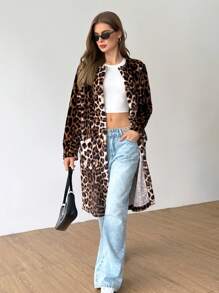 SHEIN Unity Women's Leopard Print Fleece Long Sleeve Longline Coat Fall Cloth For Women - Multicolor - View 5