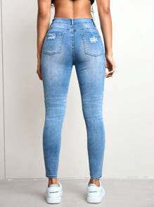 SHEIN EZwear Women Washed Distressed Denim Jeans - Light Wash - View 3