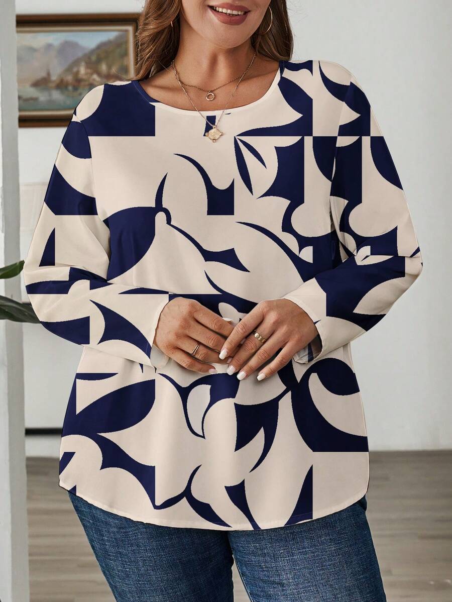 EMERY ROSE Plus Size Women Asymmetrical Color Block Print Casual Long Sleeve Round Neck Blouse, Suitable For Autumn - Multicolor - View 1