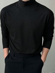 DAZY 男士休闲纯色黑色长袖保暖 T 恤，秋季