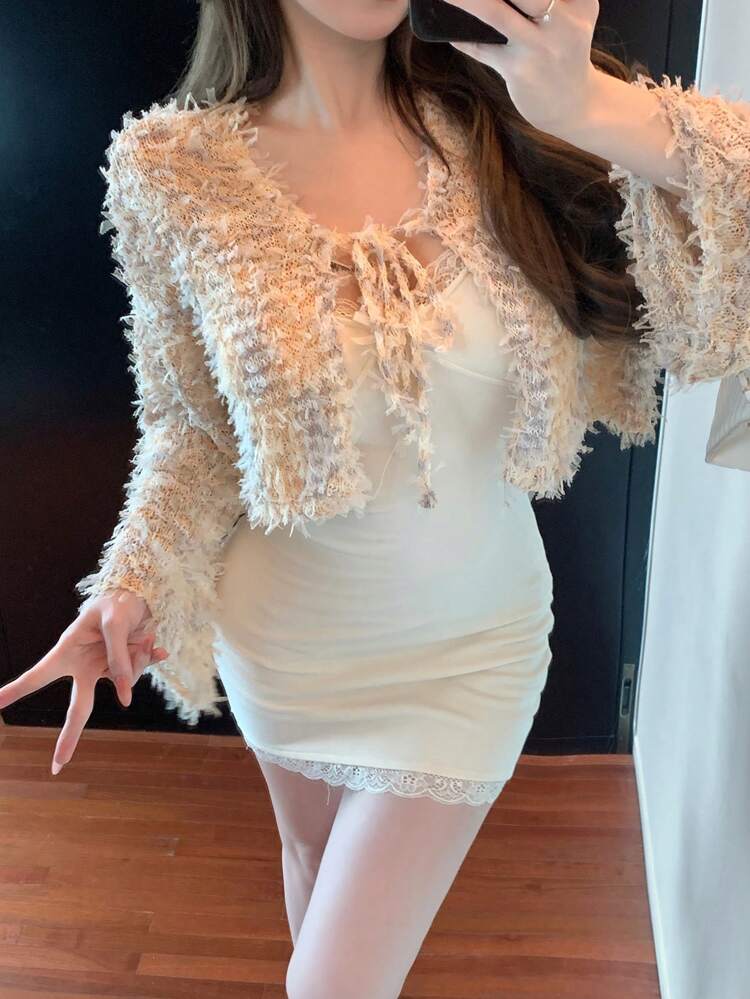 Women Fuzzy Front Tie Long Sleeve Casual Top, Vacation Wear,Fall Women Clothes Jacket