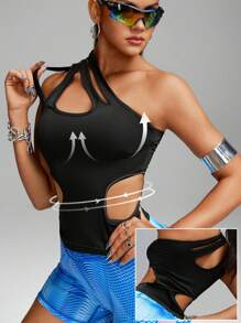 Innovista 运动网眼曲线剪裁和镂空运动 T 恤、基本款 T 恤、健身上衣、短款上衣、服装 T 恤上衣、性感短款背心、外出上衣、派对、健身和日常休闲、节日 - 黑色 - 查看 11