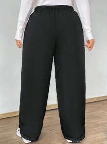 Flirla Pantalones holgados de unicolor con cordón en la cintura para tallas grandes - Negro - Ver 2