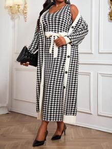 SHEIN Lady Lange elegant-lässige Kleider mit Gürtel in Schwarz oder Weiß, Zierknöpfe, Wollmischung, ärmellos, für Herbst und Winter, Große Größen, Abendkleid, kariertes Kleid