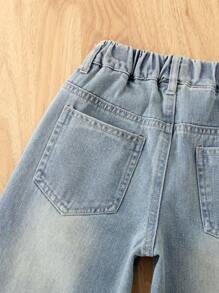 Young Girls' Patchwork Simple Casual Washed Denim Jeans - Blue - View 3