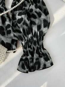 Franclia Women's Fall Off Shoulder Lantern Sleeve Ruched Leopard Print Blouse Women Shirt - Light Grey - View 3