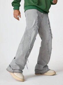 PAVTROS Manfinity Streetrush Men's Light Grey Washed Ripped Hem Tapered Flare Jeans With Patches - Light Grey - View 5