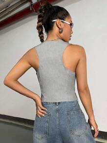 SHEIN Unity 女式夏季纯色 V 领单排扣休闲背心 - 淺灰色 - 查看 2