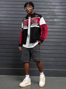 PAVTROS 男士休闲落肩格纹字母印花轻便夹克，春/秋 - 紅色 - 查看 4