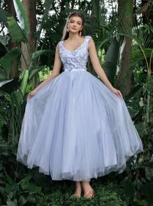 Váy dự tiệc đính cổ áo hình trái tim, thân váy bằng vải tuyn, hoàn hảo cho các sự kiện trở lại trường, tụ họp, khiêu vũ và cocktail, váy dạ hội bán trang trọng thanh lịch, cho sinh nhật, khách dự tiệc cưới, tiệc tốt nghiệp - Màu xanh lam - Xem 4