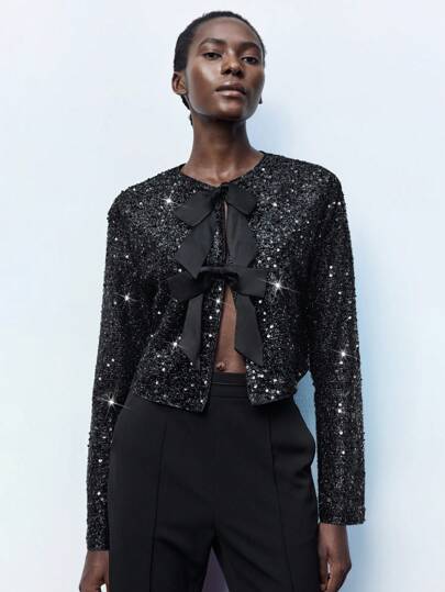 Maija Women's Black Early Spring Round Neck Sparkle Sequin Fabric Satin Bow Tie Front Short Elegant Fashion Versatile Urban Party Holiday Valentine's Day Regular Jacket