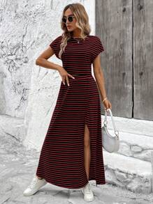 SHEIN LUNE 2pcs Women's Striped Round Neck Batwing Short Top And Side Slit Skirt Set - Navy Blue - View 6