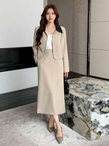 DAZY Bộ đồ vest blazer dài tay cài nút ve áo màu tương phản dành cho nữ và váy - Màu be - Xem 7