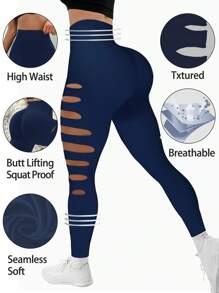 SHEIN Sports Women Distressed Sports Leggings Yoga Pants - Navy Blue - View 1