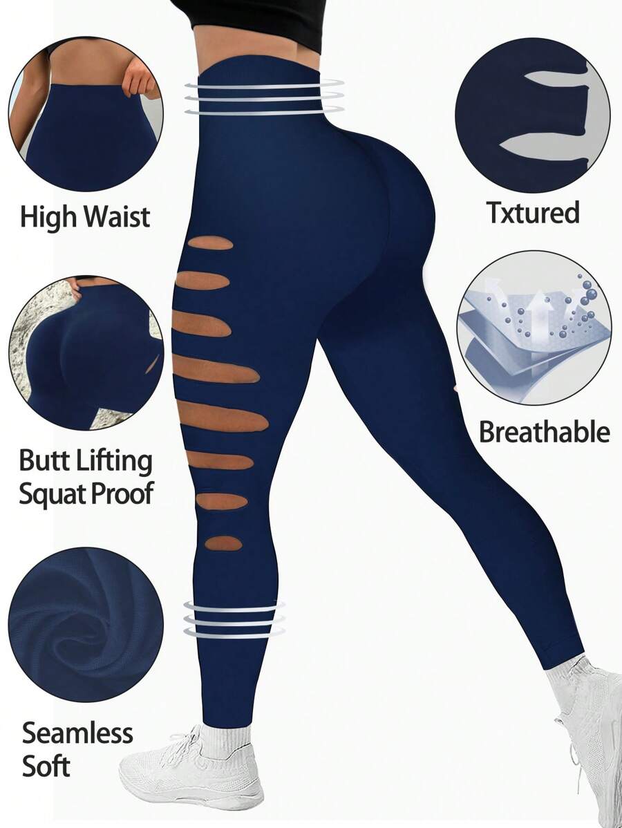 SHEIN Sports Women Distressed Sports Leggings Yoga Pants - Navy Blue - View 1