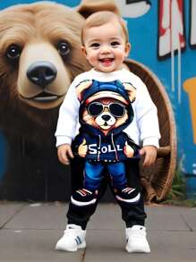 SHEIN 2pcs/Set Baby Boy Cartoon Bear Animal Pattern Casual Minimalist Long Sleeve Top And Long Pants Outfit, Suitable For Autumn - Multicolor - View 2