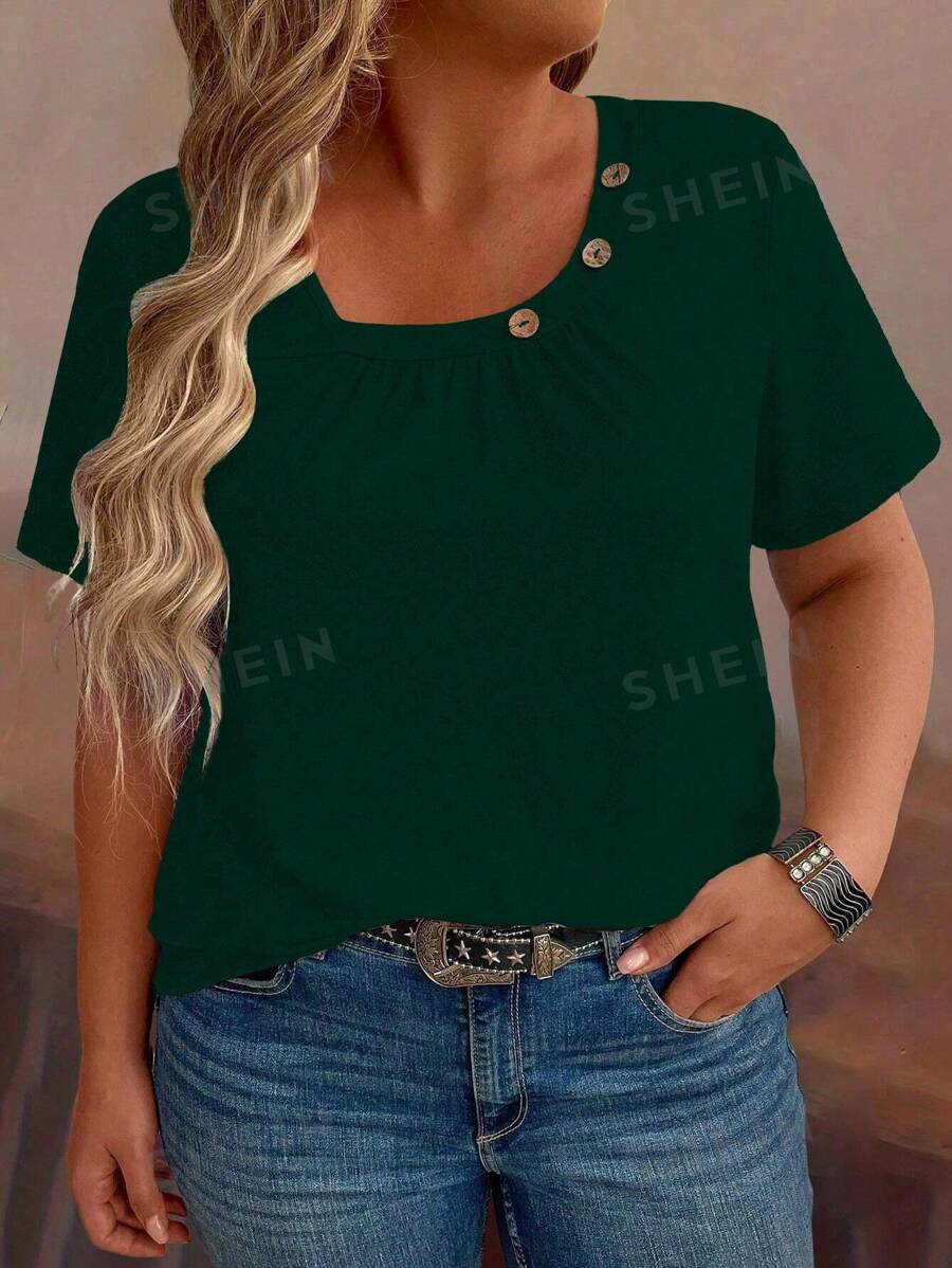 EMERY ROSE Camiseta casual de manga corta con botones decorativos de unicolor para mujer talla grande