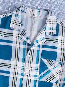 2pcs Plaid Pattern Short Sleeve Cardigan And Shorts Casual Pajama Set For Tween Boys