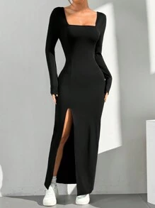 SHEIN EZwear Women's Solid Color Long Sleeve Square Collar Split Hem Casual Dress - Black - View 1