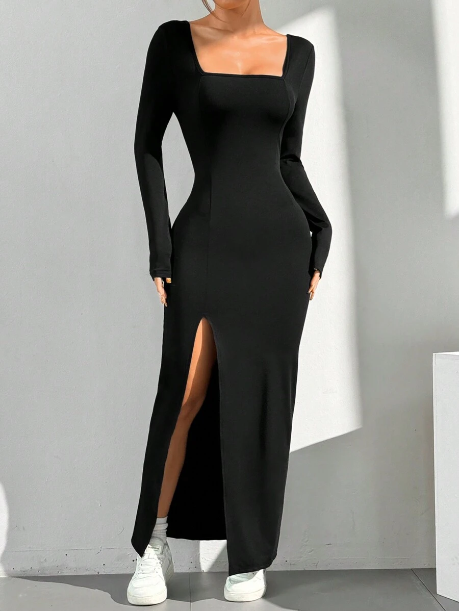 SHEIN EZwear Women's Solid Color Long Sleeve Square Collar Split Hem Casual Dress - Black - View 1
