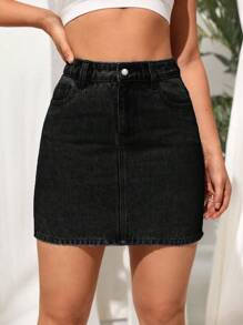 Rok Denim Kasual Sederhana Warna Polos untuk Wanita - Dark Grey - View 3