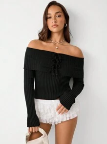 SHEIN Unity Suéter de punto sencillo de manga larga y hombros descubiertos de unicolor, casual para uso diario para mujeres - Negro - Ver 6