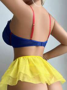 Conjunto sexy de 5 piezas para fiesta - Top corto fruncido + tanga + falda abullonada + 2 pares de medias - Multicolor - Ver 2