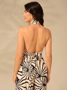 CAJUNI Women's Boho Print, Shell Print, Cross Neckline Halter Tank Top, Summer Casual Beach Holiday Short Tank Top