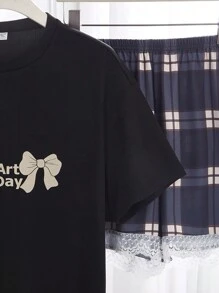 2件套少女休闲蝴蝶结印花短袖上衣配格子蕾丝边短裤睡衣套装 - 彩色 - 查看 3