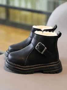 冬季新款毛绒儿童短靴时尚幼儿男童女童靴保暖内衬婴儿冬鞋厚底女童雪地靴保暖靴 - 黑色 - 查看 1