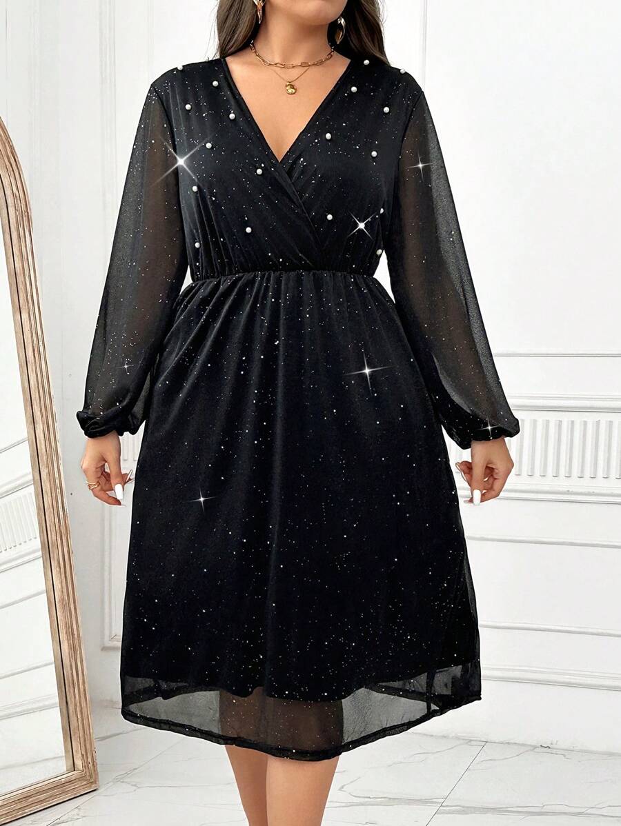 SHEIN Clasi Plus Size V-Neck Long Sleeve Mesh Sequin Elegant Graceful Dress Fall Cloth For Women - Grey - View 1