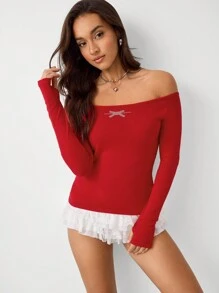 Flirla 1 pieza Jersey ajustado de manga larga con hombros descubiertos, decoración de mariposa de rhinestone para mujer, de moda para fiesta de Navidad, otoño/invierno, minimalista