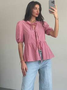 Aloruh New Retro Plaid Ribbon Round Neck Puff Sleeve Peter Pan Collar Button-Up Shirt - Red - View 6