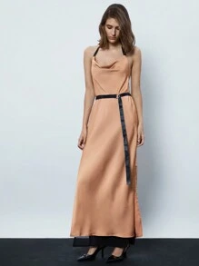 Maija Ladies' Summer Draped Neck Maxi Elegant Dress Flowy Dress - Brown - View 1