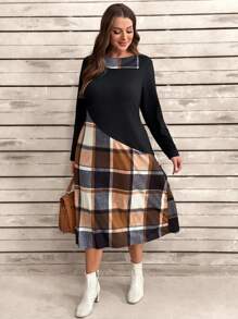 Plus Size Women's Solid Color & Plaid Patchwork Long Sleeve Dress - Multicolor - View 4