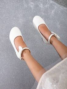 1 Pair Versatile White Bow Ankle Strap High Heels Princess Shoes For Girls - White - View 4