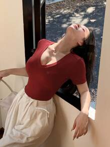 Camiseta de manga corta con cuello en V rojo sólido para mujer, para verano - Rojo - Ver 8