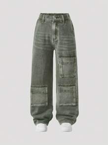 Boys' Casual Cargo Pants With Front Buttons And Multiple Pockets, Relaxed Fit - Army Green - View 1