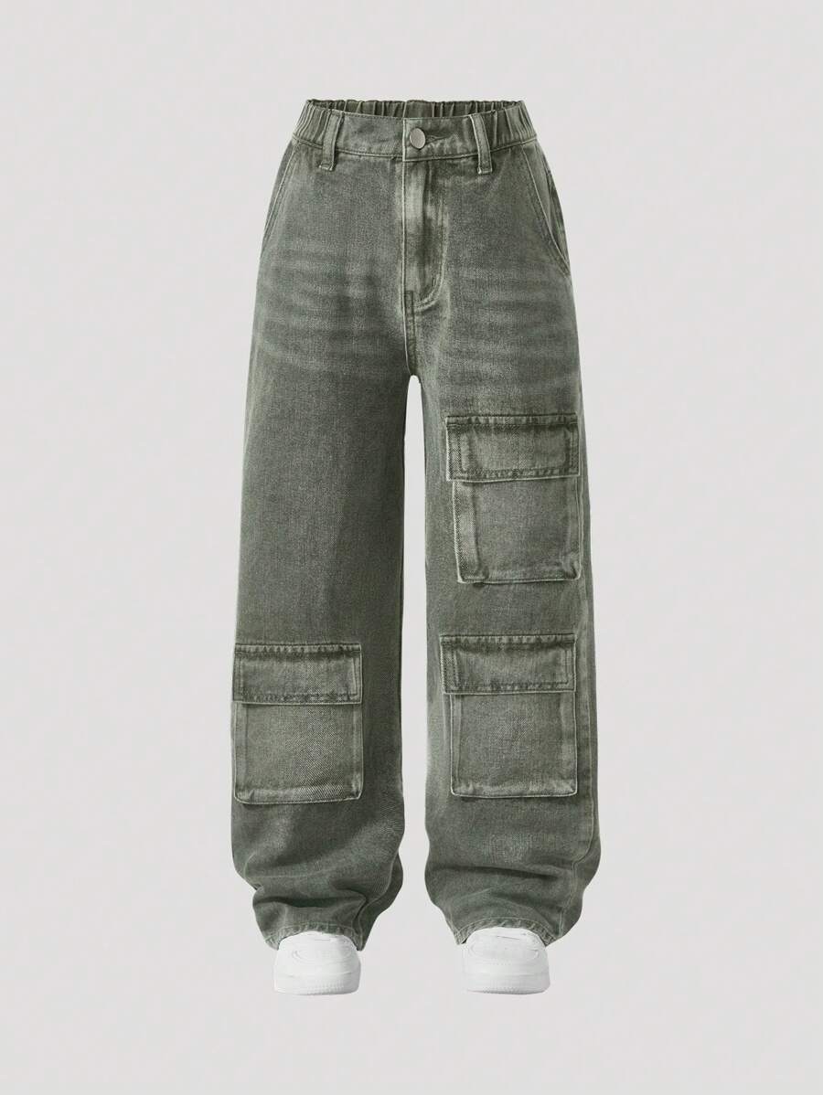 Boys' Casual Cargo Pants With Front Buttons And Multiple Pockets, Relaxed Fit - Army Green - View 1