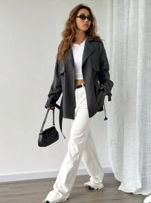 SHEIN EZwear 1 件灰色抗皱休闲风衣，秋季 - 灰色 - 查看 6