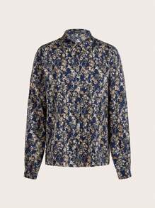 SHEIN Frenchy Women's Floral Print Long Sleeve Loose Casual Blouse Winter Vacation Flower Blue - Navy Blue - View 1