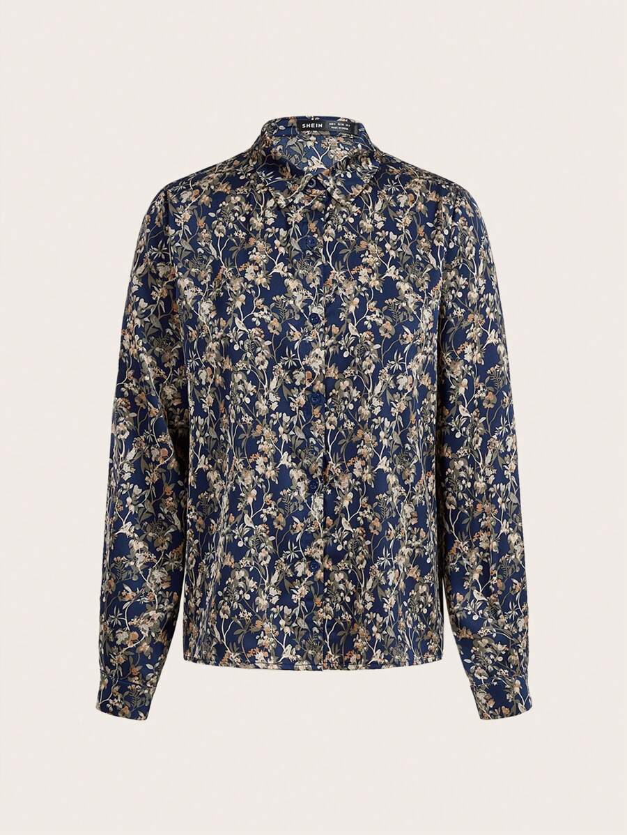 SHEIN Frenchy Women's Floral Print Long Sleeve Loose Casual Blouse Winter Vacation Flower Blue - Navy Blue - View 1