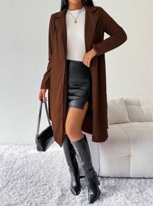 Chiquease Damen lange Jacke mit Polokragen, einfarbig, Langarm, Lässig, Herbst Winter