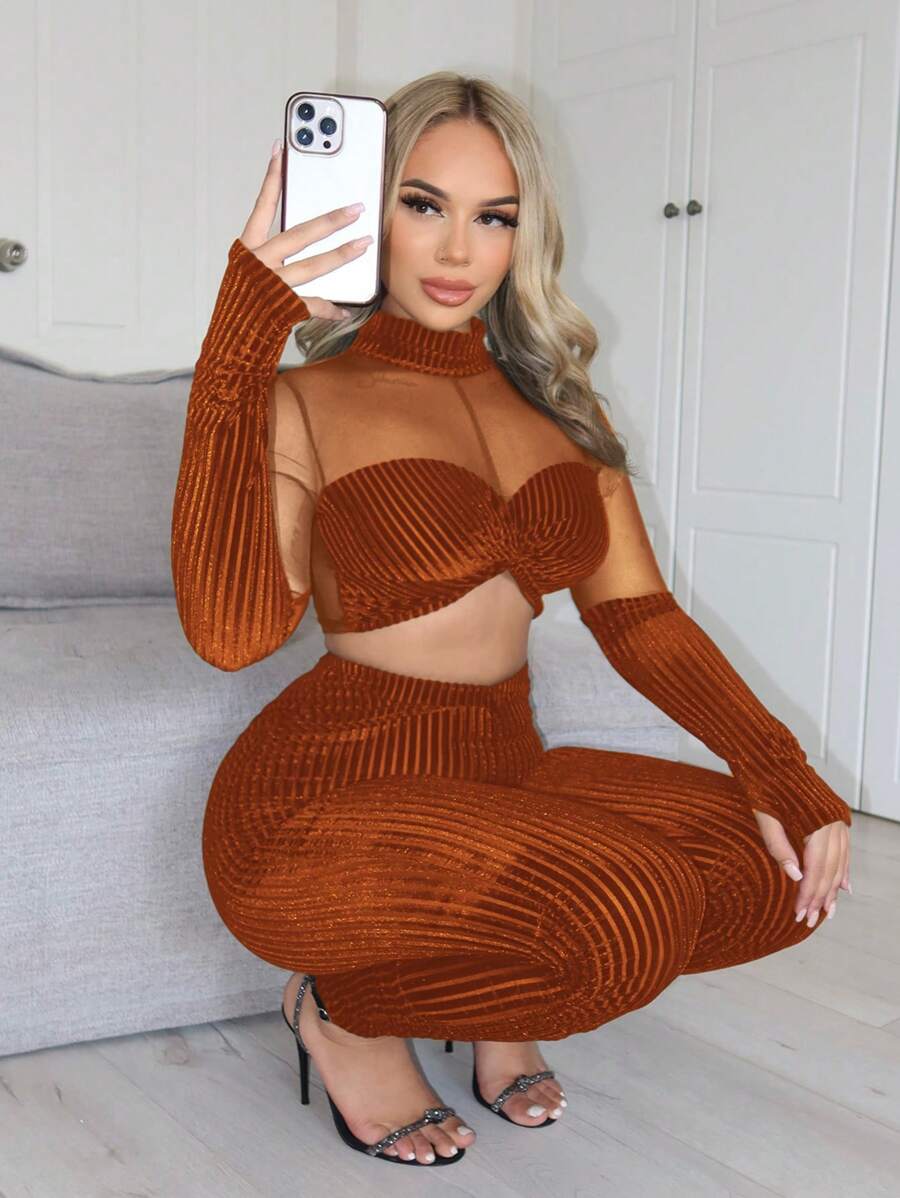 SHEIN SXY Women Co Ords Mesh Insert Mock Neck Crop Velvet Top & Leggings - Brown - View 1